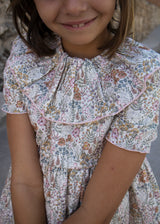 Vestido cuello arlequín flores rosa y mostaza