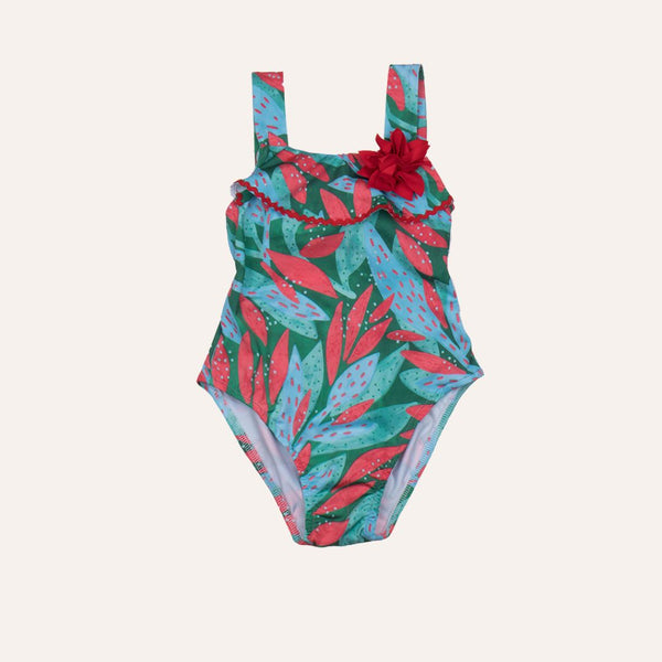 Traje de baño verde flor roja