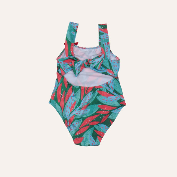 Traje de baño verde flor roja