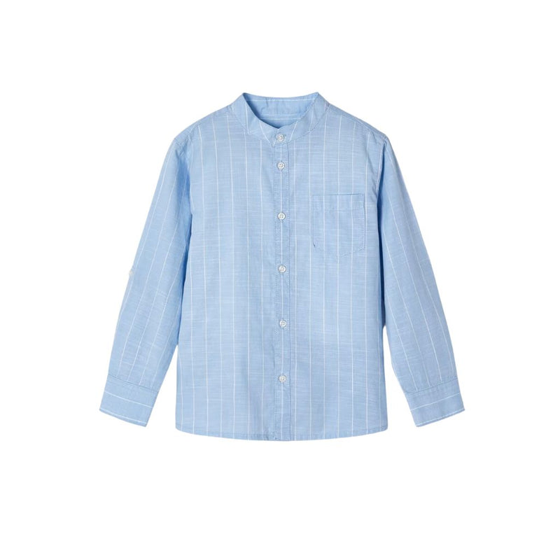 Camisa celeste rayas cuello mao lino