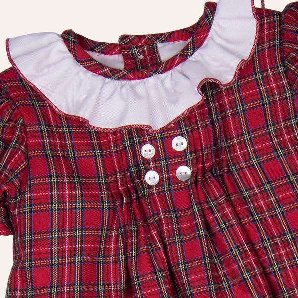 Vestido escocés rojo cuello blanco festoneado
