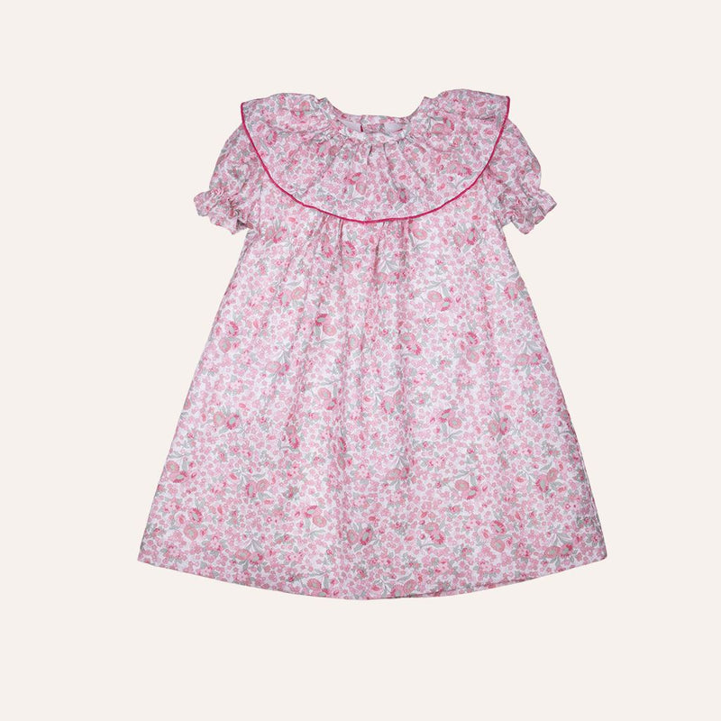 Vestido tablitas volantón flor rosa