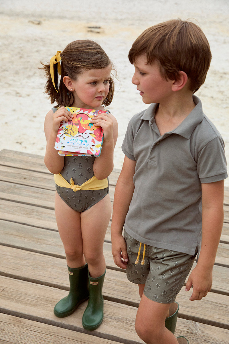 Boxer tela verde caza flores cordon amarillo