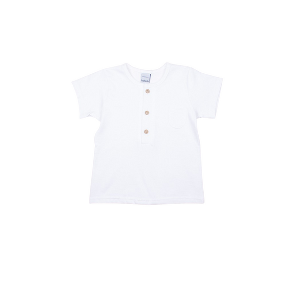 Camiseta blanca bolsillo botones madera