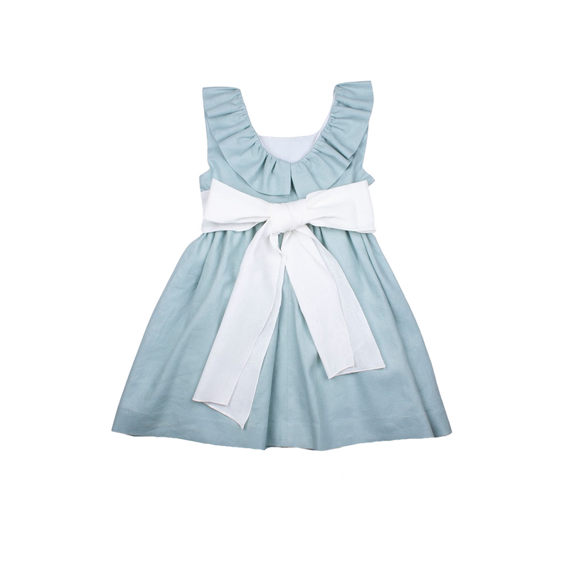 Vestido cuello volante fajin crudo